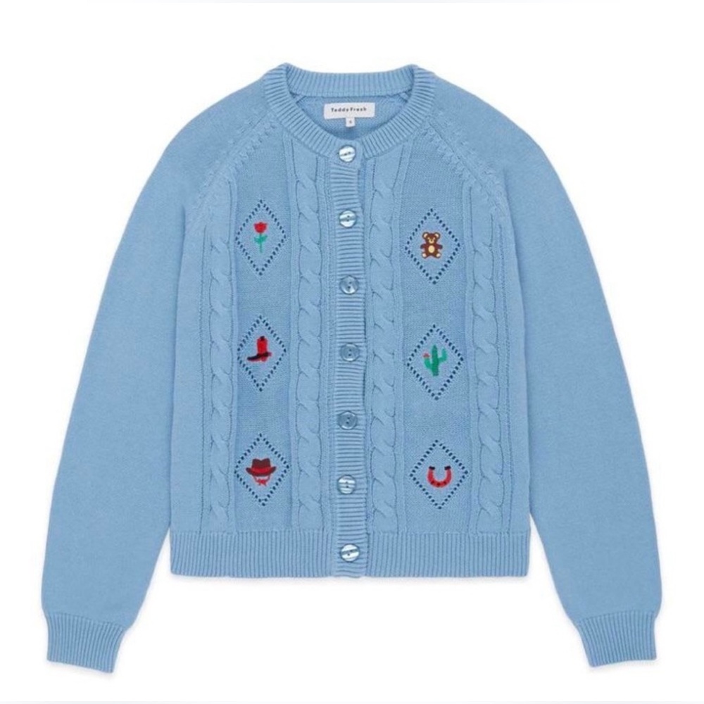 Teddy Fresh Giddy Up Blue Embroidered Cowboy Cardigan Sweater size Large